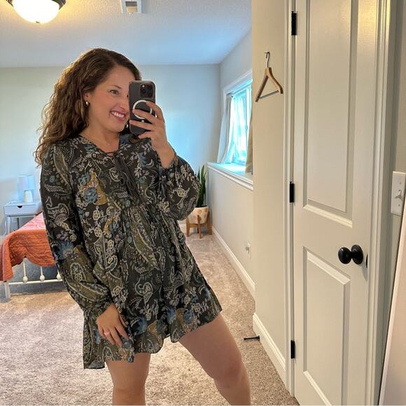 Free People Green Floral Lace Front Long Sleeve Mini Dress Small - Picture 5 of 14